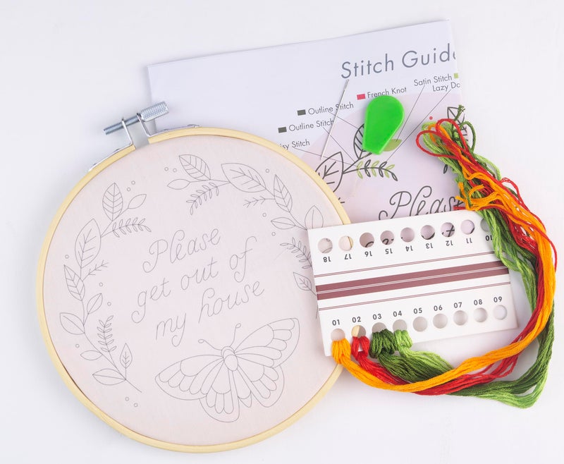 FUNATIC Please Get Out of My House Embroidery Kit | Funny Beginner Needle Work Starter Set for Adult | Needlepoint DIY Art and Craft | Cross Stitch Set with Hoop Floss Needles Threader Printed Fabric - Image 2