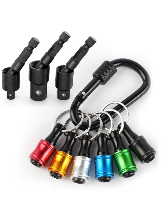 Katerk 1/4inch Hex Shank Aluminum Alloy Screwdriver Bits Holder Extension Bar Drill Screw Adapter Change Keychain Portable（6PC color with black carabiner）+1/4 3/8 1/2" Impact Grade Socket Adapter Set - Image 1
