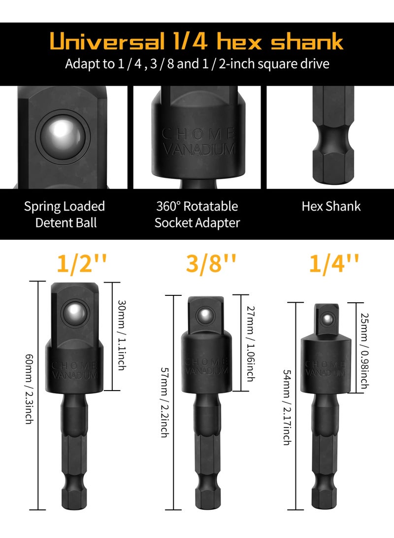 Katerk 1/4inch Hex Shank Aluminum Alloy Screwdriver Bits Holder Extension Bar Drill Screw Adapter Change Keychain Portable（6PC color with black carabiner）+1/4 3/8 1/2" Impact Grade Socket Adapter Set - Image 5