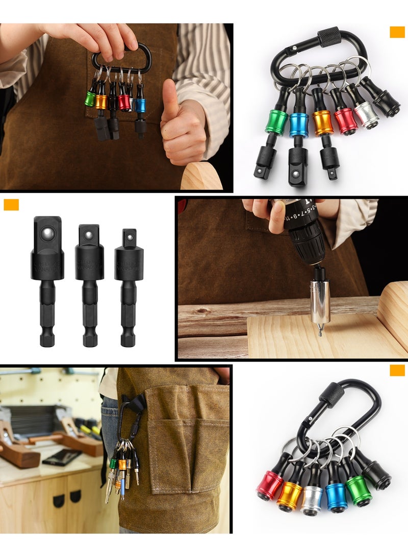 Katerk 1/4inch Hex Shank Aluminum Alloy Screwdriver Bits Holder Extension Bar Drill Screw Adapter Change Keychain Portable（6PC color with black carabiner）+1/4 3/8 1/2" Impact Grade Socket Adapter Set - Image 2