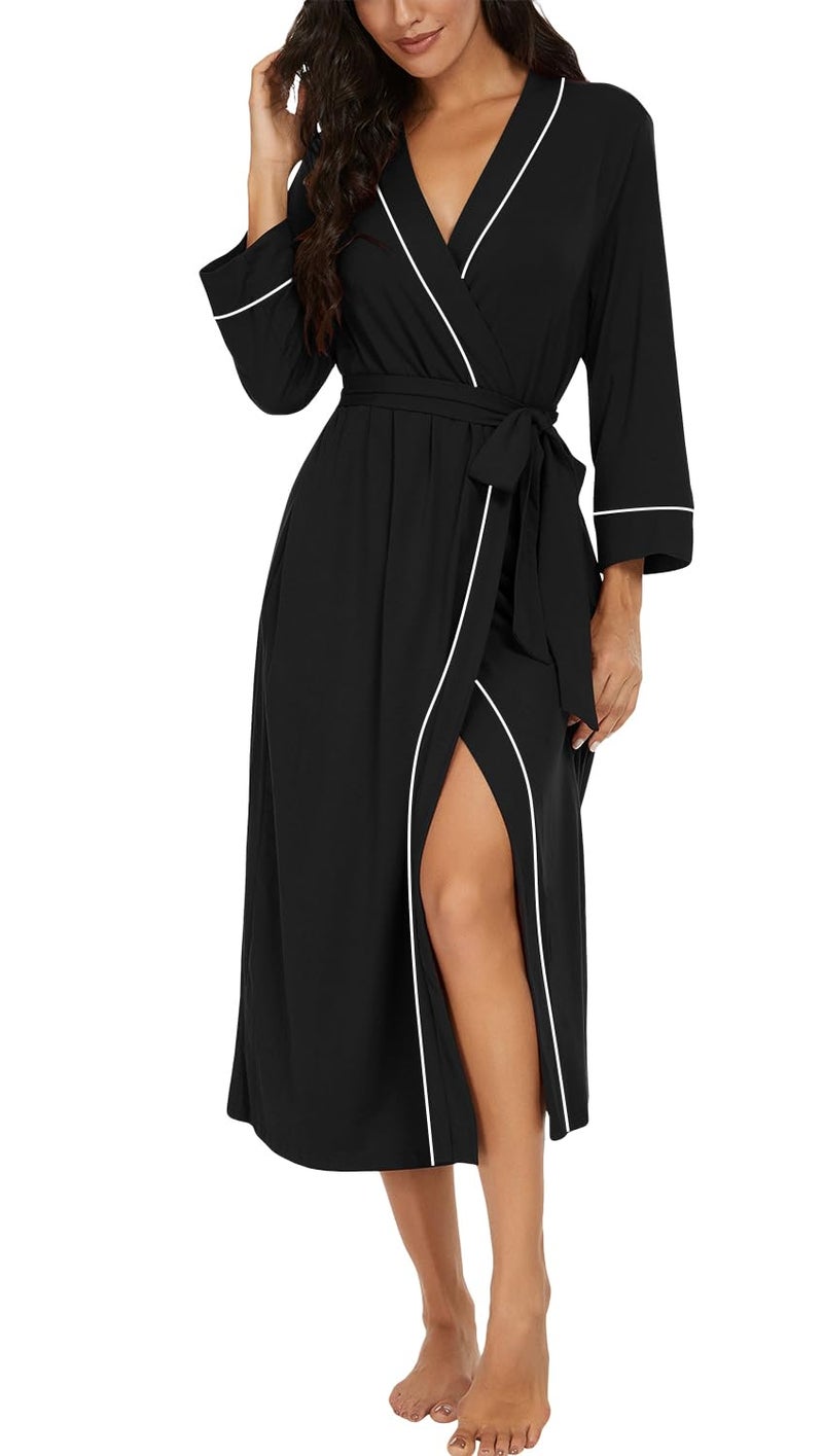 PrinStory Womens Robe Long Kint Bathrobe Lightweight Soft Robes Ladies Bath Robe Black-M - Image 1