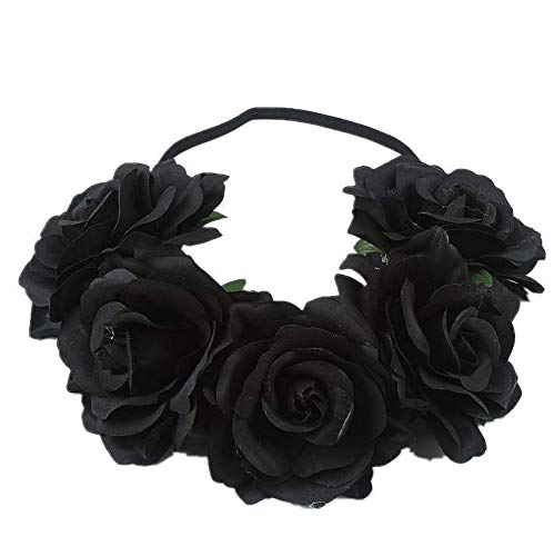 Rose Floral Crown Headpiece for Women and Girls  Fake Flower Hair Wreath with Headband Black