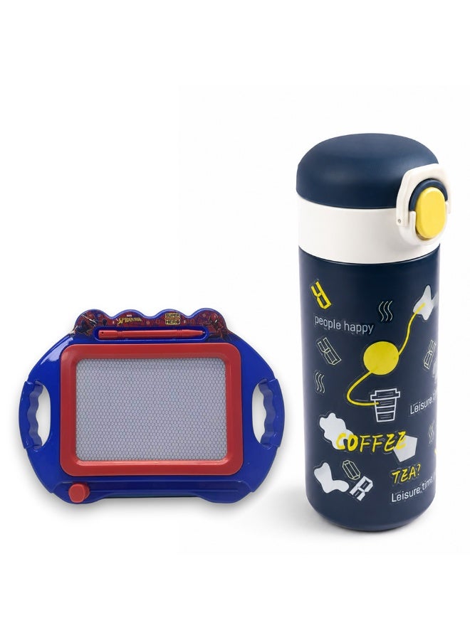 COCOBEE 500ml Insulated Stainless Steel Water Bottle – Leakproof, Odour-Free, with Soft Grip Handle – Blue (Ages 3+) + Marvel Spider-Man Magic Writing Board - Image 1