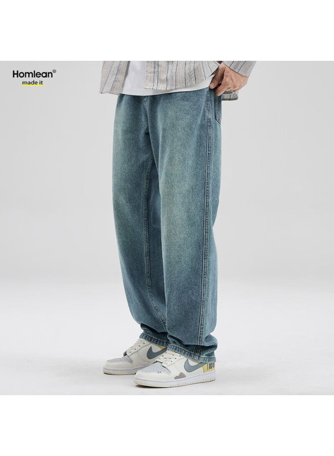 Homlean High Street Washed Vintage Jeans For Men, Spring And Summer American Street Style Straight-leg Heightening Trousers, K464 Medium Blue 3XL - Image 2