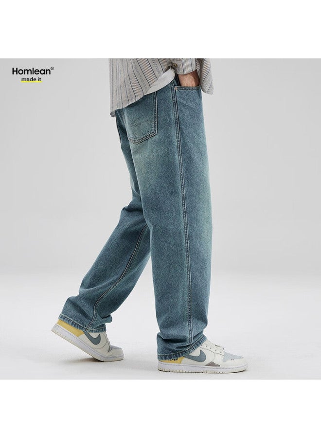 Homlean High Street Washed Vintage Jeans For Men, Spring And Summer American Street Style Straight-leg Heightening Trousers, K464 Medium Blue 3XL - Image 5