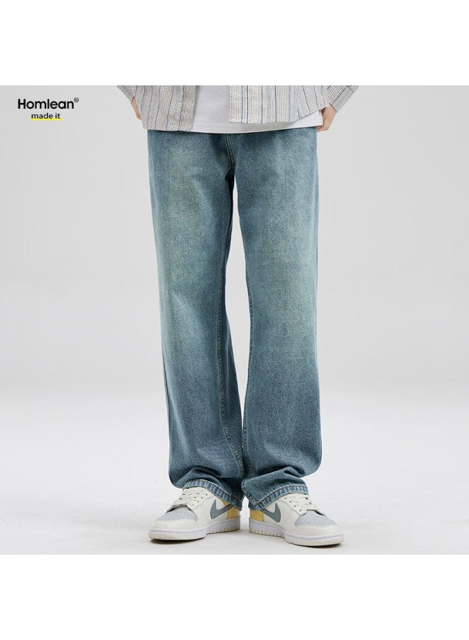 Homlean High Street Washed Vintage Jeans For Men, Spring And Summer American Street Style Straight-leg Heightening Trousers, K464 Medium Blue 3XL - Image 1