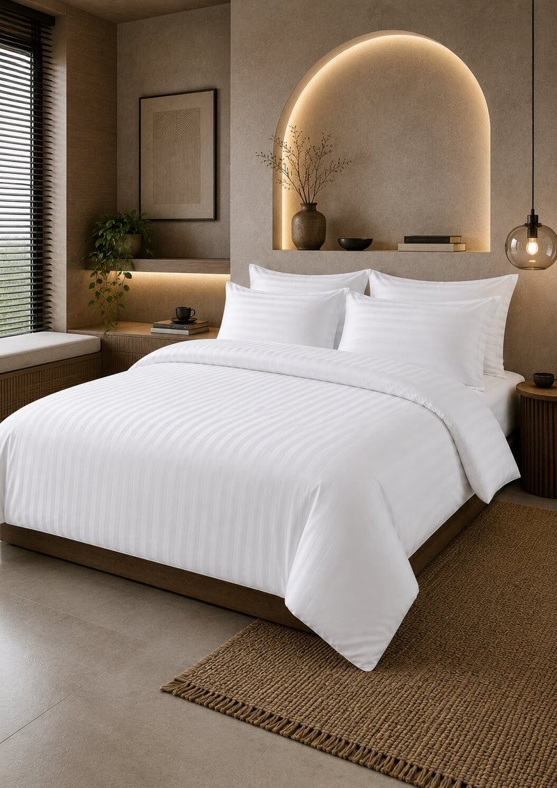 Aristocrat 6-Piece Stripe Microfiber Duvet Cover Set | Single | Includes 1 Duvet Cover (160x220cm), 1 Deep Pocket Fitted Sheet (120x200+30cm) & 4 Pillowcases (53x75+15cm) | Ultra Soft, Breathable & Wrinkle Resistant-white - Image 1