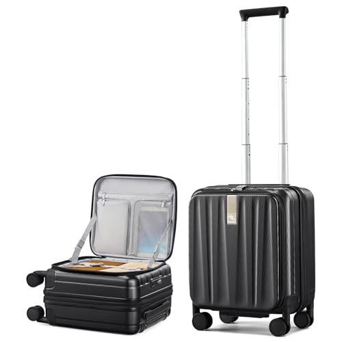 Hanke 16 Inch Expandable Under Seat Luggage with Wheels Top Opening Small Suitcase with Wheels Carry On Luggage Airline Approved Lightweight Hard Shell Suitcases for Weekender Overnight-Jet Black - Image 1