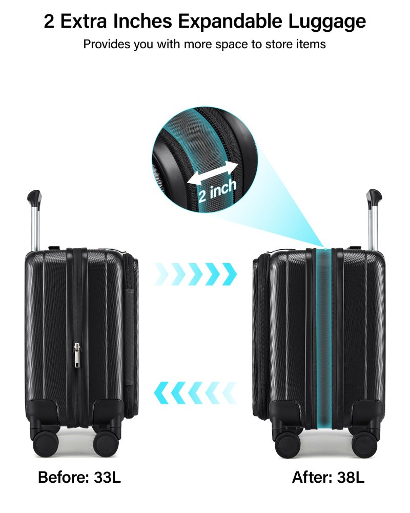 Hanke 16 Inch Expandable Under Seat Luggage with Wheels Top Opening Small Suitcase with Wheels Carry On Luggage Airline Approved Lightweight Hard Shell Suitcases for Weekender Overnight-Jet Black - Image 4