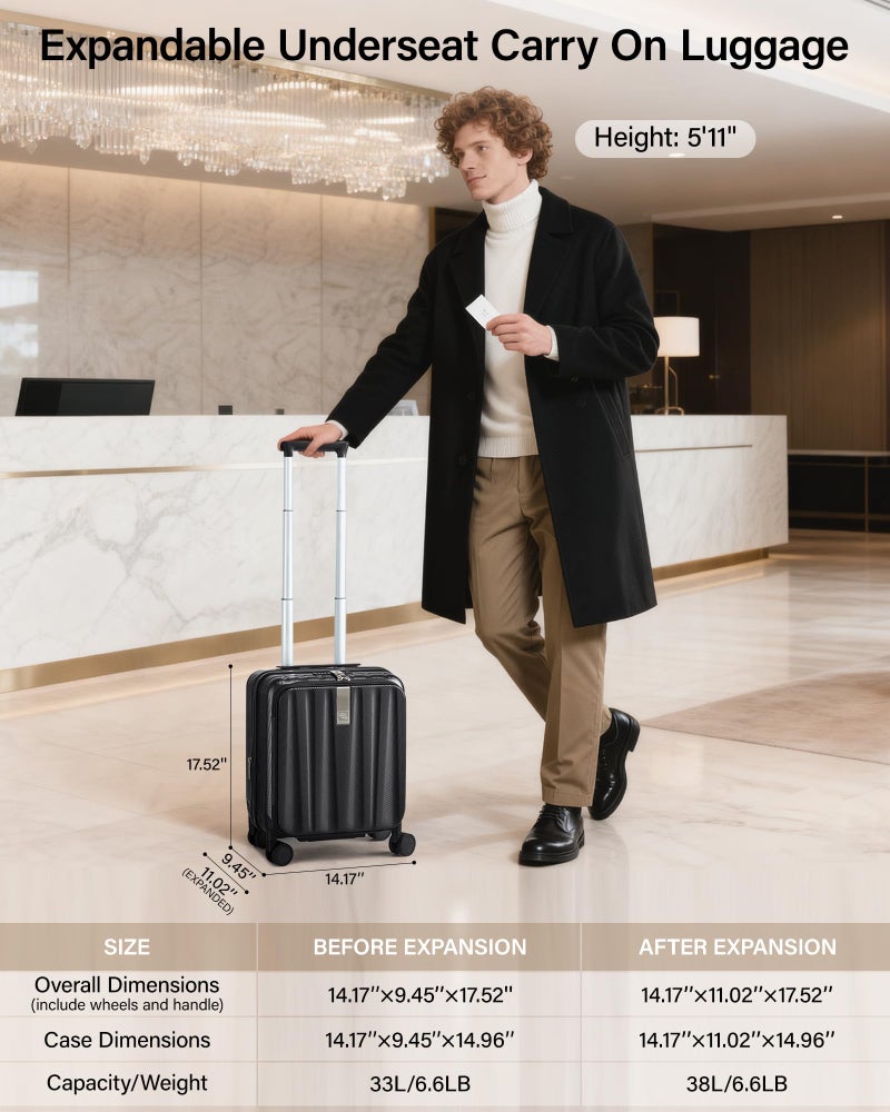 Hanke 16 Inch Expandable Under Seat Luggage with Wheels Top Opening Small Suitcase with Wheels Carry On Luggage Airline Approved Lightweight Hard Shell Suitcases for Weekender Overnight-Jet Black - Image 2