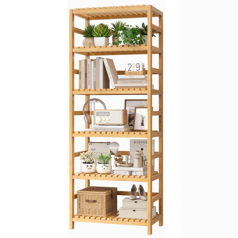 FOTOSOK 6Tier Bamboo Shelf Bamboo Bookcase with Adjustable Shelves Free Standing Storage Shelf Unit Plant Flower Stand for Kitchen Bathroom Home Office Natural