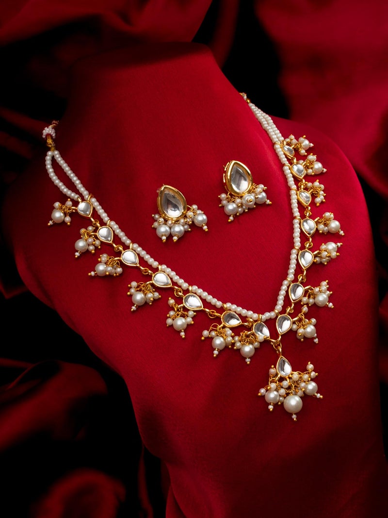 BEVOGUE Women's & Girl's Pearl and Crystal Necklace Set with Earrings, Gold-Plated Traditional Indian Jewellery, White - Image 2