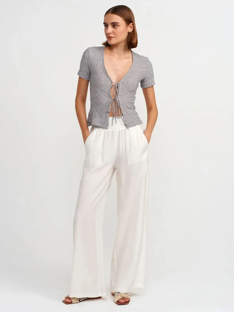 ديلفين DILVIN Fitted Crop Lace Blouse With Tie Front