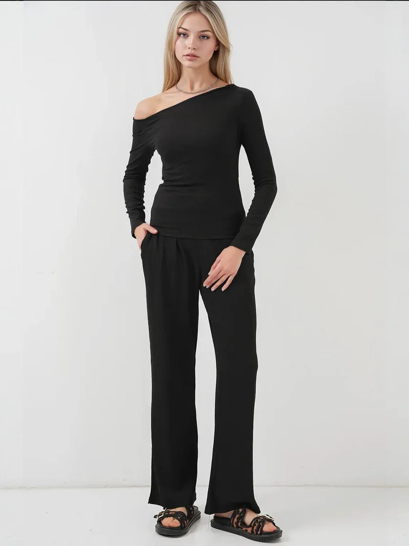 Big Dart Black BDART Textured Long Co-ord Set with Boat Neck for Women | Best Price UAE