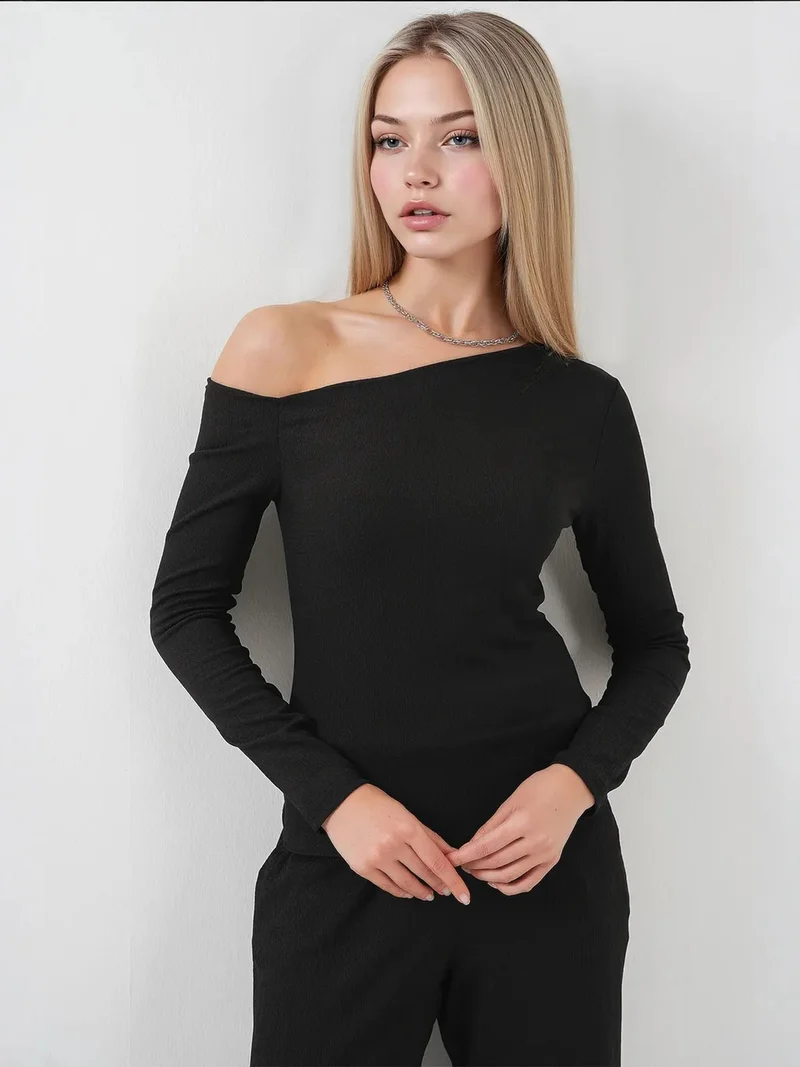 Big Dart Black BDART Textured Long Co-ord Set with Boat Neck for Women | Best Price UAE