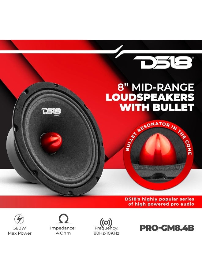 DS18 DS18 PRO-GM8.4B Loudspeaker - 8", Midrange, Red Aluminum Bullet, 580W Max, 4 Ohms, 1.5" Kapton VC Premium Quality Audio Door Speakers for Car or Truck Stereo Sound System - Image 2