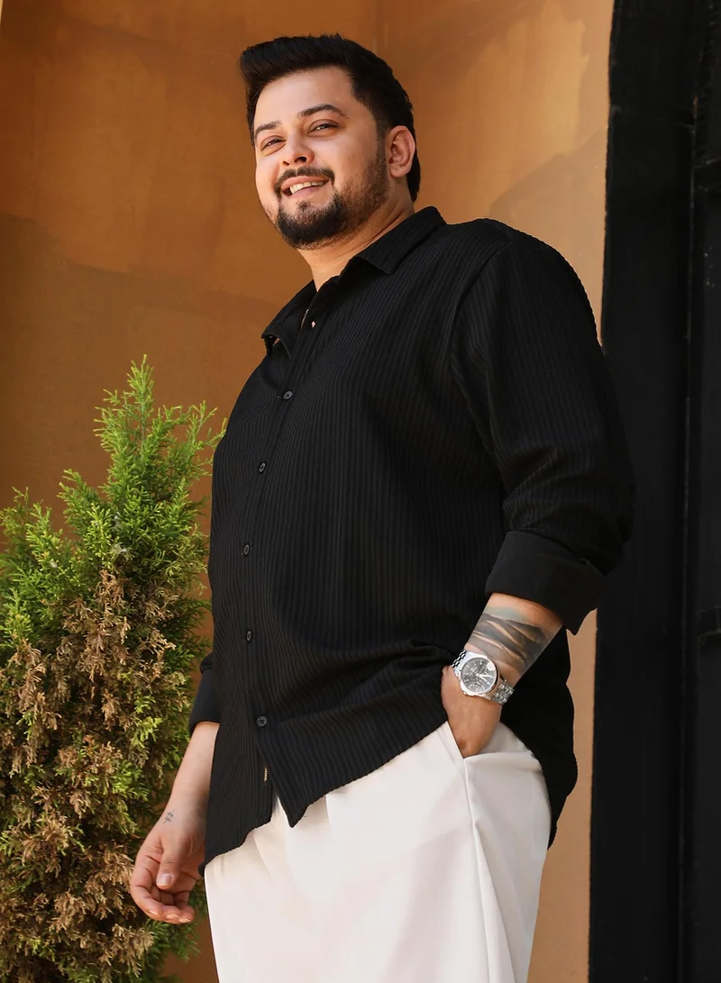 Instafab Plus Instafab Plus Men's Onyx Black Rope-Striped Tactile Shirt For Casual Wear | Spread Collar | Long Cuffed Sleeves | Button Closure | Plus Size Shirt Crafted With Comfort Fit For Everyday Wear
