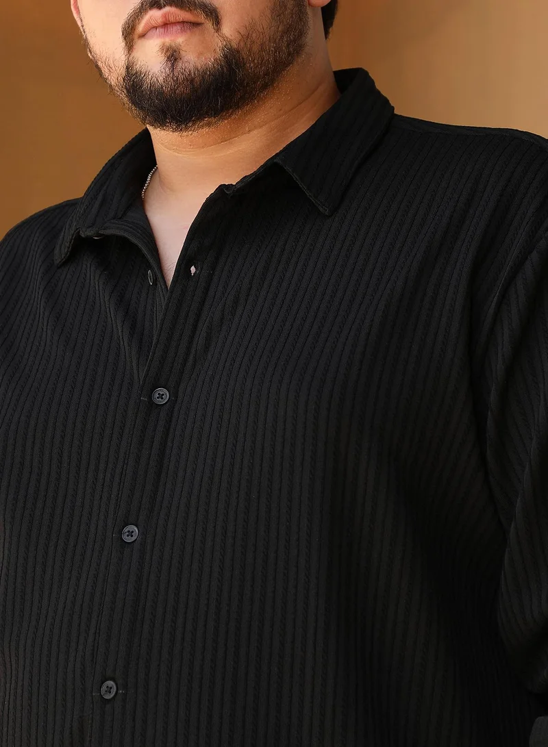 Instafab Plus Instafab Plus Men's Onyx Black Rope-Striped Tactile Shirt For Casual Wear | Spread Collar | Long Cuffed Sleeves | Button Closure | Plus Size Shirt Crafted With Comfort Fit For Everyday Wear