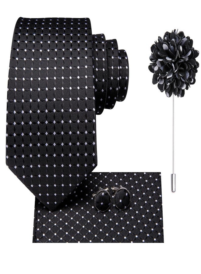 Hi-Tie Black White Dot Neckties for Men Woven Classic Tie and Lapel Pin Pocket Square Cufflinks Sets Formal Business Wedding - Image 2