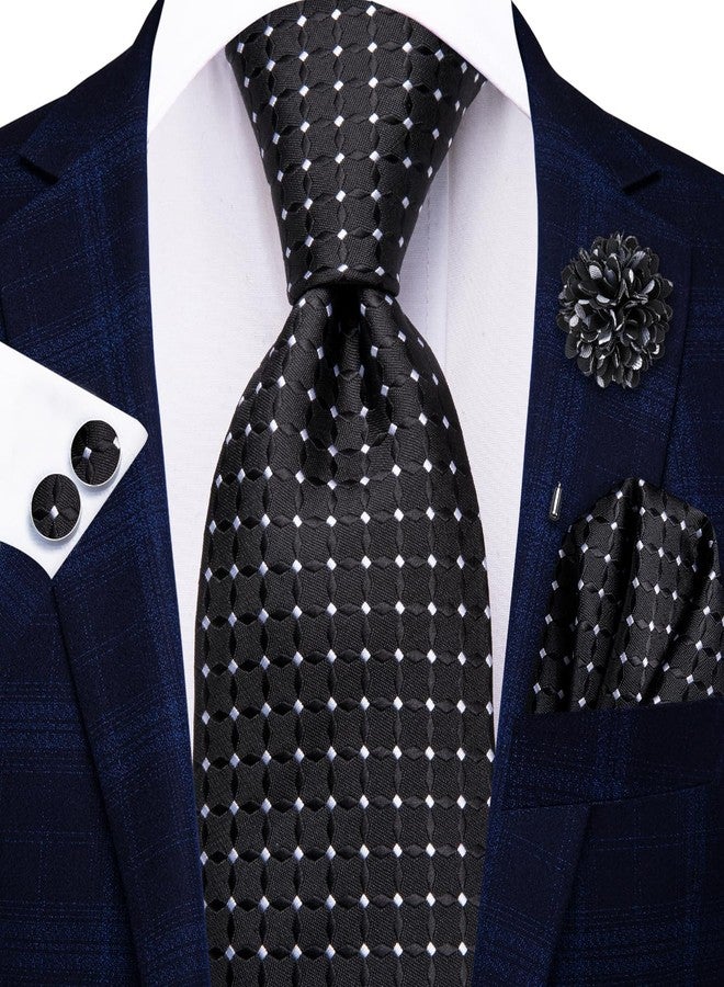 Hi-Tie Black White Dot Neckties for Men Woven Classic Tie and Lapel Pin Pocket Square Cufflinks Sets Formal Business Wedding - Image 3