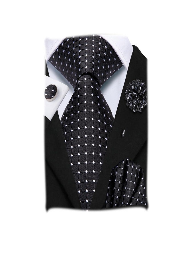 Hi-Tie Black White Dot Neckties for Men Woven Classic Tie and Lapel Pin Pocket Square Cufflinks Sets Formal Business Wedding - Image 1