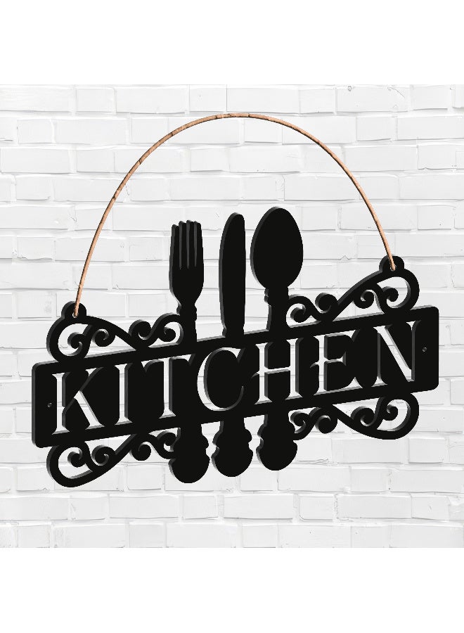 ديكور جداري خشبي عالي الجودة للمطبخ فن جداري للمطبخ بكلمة "KITCHEN" مصنوع من خشب MDF الإسباني، باللون الأسود، بسماكة 6 ملم. يتميز بتصميم ثلاثي الأبعاد عصري وأنيق، مزوّد بشريط لاصق مزدوج الوجه لسهولة التركيب. جاهز للتثبيت فورًا ويمنح مطبخك لمسة فنية راقية. - Image 1