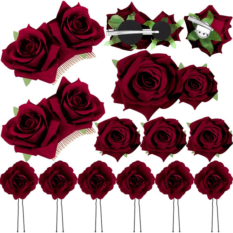 Waydress 12 Pieces Rose Flower Hair Clip Rose Brooch Floral Clips Mexican Flower Hair Pins Accessories for Women Mother Bridal Flamenco Dancer Wedding Party Supplies