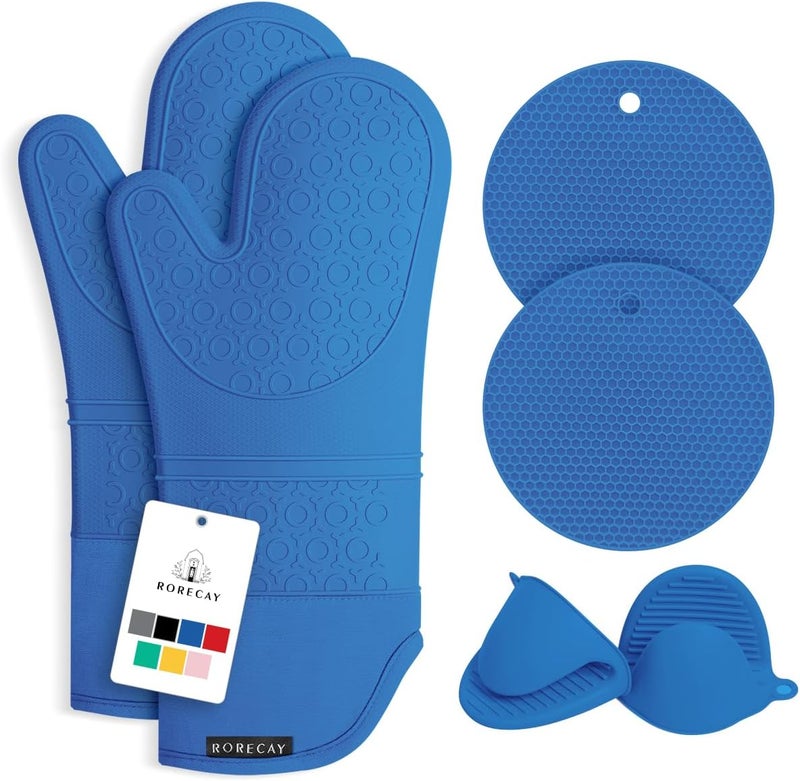 Rorecay Extra Long Oven Mitts and Pot Holders Sets: Heat Resistant Silicone Oven Mittens with Mini Oven Gloves and Hot Pads Potholders for Kitchen Baking Cooking, Quilted Liner, Pack of 6 (RoyalBlue) - Image 1