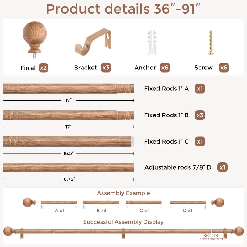 Wolistsa Wood Curtain Rods for Windows 48 to 84 Inch, 1 Inch Boho Decorative Vintage Drapery Rod with Faux Wooden Grain Finials, Adjustable Heavy Duty Rustic Farmhouse Spliced Metal Curtain Pole - Image 4