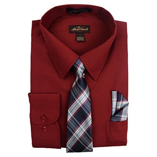 Alberto Danelli Men's Long Sleeve Dress Shirt with Matching Tie and Handkerchief, Large / 16-16.5 Neck -33/34 Sleeve, Wine - Image 2