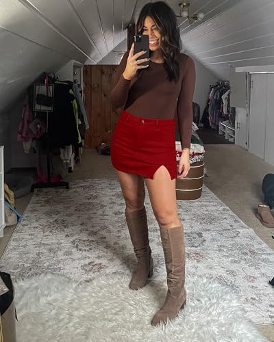 luvamia سراويل دنيم عالية الخصر للنساء من لوفاميا تنورة دنيم قصيرة بشق جانبي مع شورتات دنيم عالية الخصر مرنة للنساء للخروج باللون الأحمر الحقيقي مقاس متوسط مقاس 8 10 - Image 5
