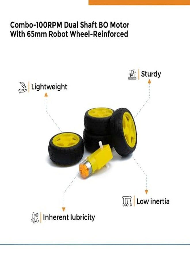 R&D Imported Dual Shaft BO Motor With 65mm Rubber Robot Wheel and DC Motor Black Yellow Set of (4) - Image 4
