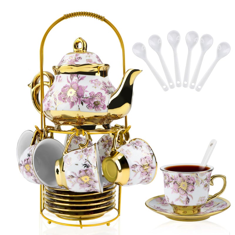 20 Pcs Porcelain Tea Set with Metal Holder European Ceramic Tea Set for Adults Adult Tea Set Gift Flower Tea Cup Saucer Set for Party With Gold Flower Painting Elegant Purple