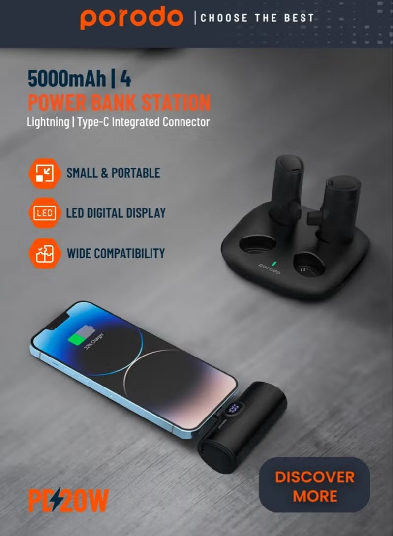 porodo Blue porodo 4-in-1 Station 5000mAh PD20W Power Bank | Built-in 2 Type-C & 2 Lightning Connectors | Fast Charging | Multi-Device Portable Charger – Black - Image 3