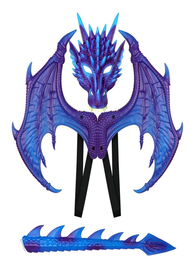 HyperFun Dragon Wings Costume for Kids Dinosaur Tail Mask Set, Cool Halloween Costume Cosplay Dragon Costume Mask for Children Boys (Glacier Blue) - Image 1