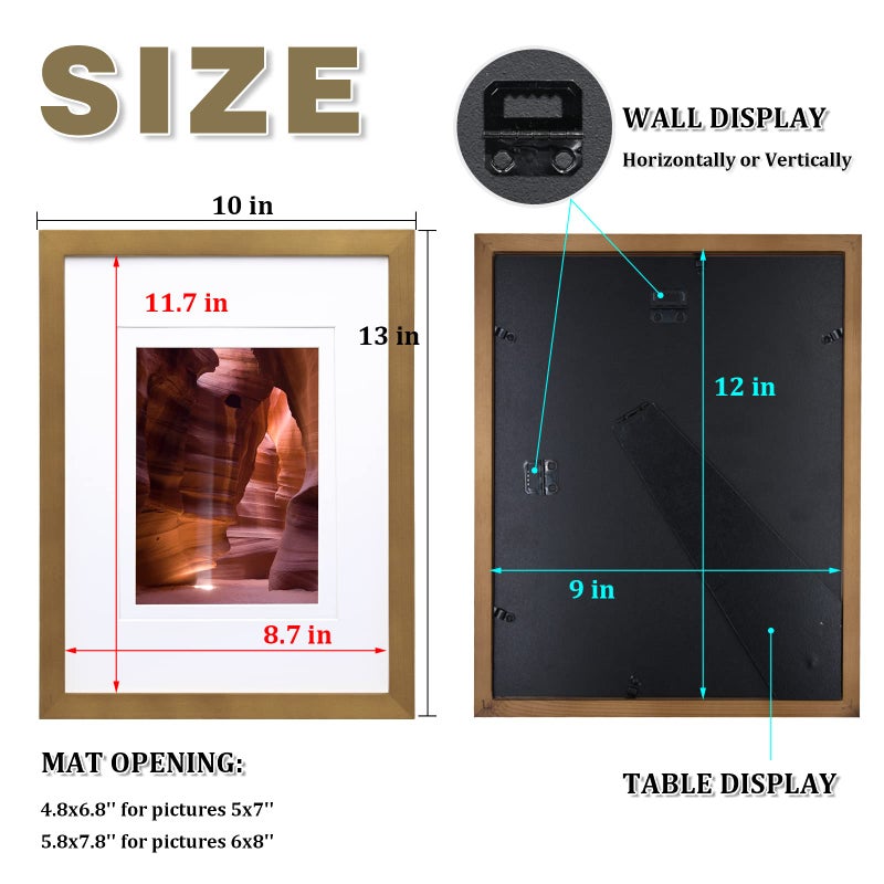 Egofine 9x12 Picture Frame Light Brown  Wood Frame for Pictures 5x7 / 6x8 with Mat or 9x12 without Mat  Tabletop and Wall Mounting Display - Image 4