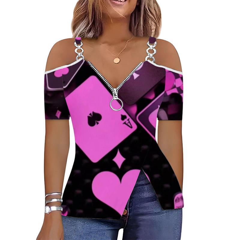 Low-Cut Heart Print Zipper Off-Shoulder Short-Sleeved T-Shirt 3D Printed V-Neck Gradient Graffiti - Image 1