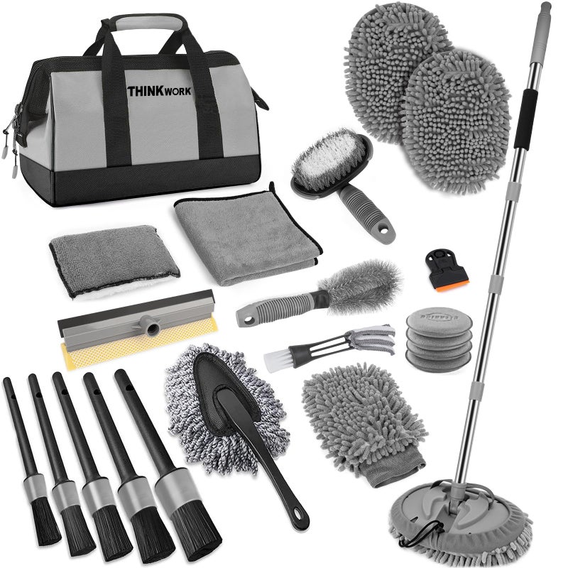 THINKWORK Car Wash Kit Car Washing Brush with Long Handle Extendable Car Wash Brush Mop with 2in1 Windshield Squeegee and 9Pcs Detailing Brush Gray Car Detailing Kit Gift for Men