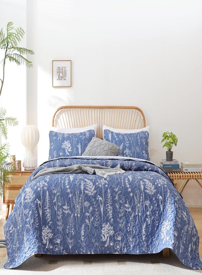 JANZAA Quilt King Size Infinity Blue Quilt Bed Spread Boho Quilt with Floral Pattern Microfiber Quilts Set 3 Pieces Lightweight Comforter Reversible Bedding Set,1Quilt 104x90 inches, 2 Pillowcases - Image 4