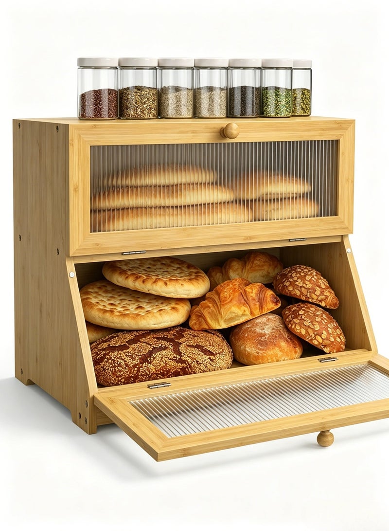OSSO Double‑Layer Bamboo Bread Box with Transparent Door Removable Kitchen Countertop Food Storage Container for Bread Pastries Food - Image 1