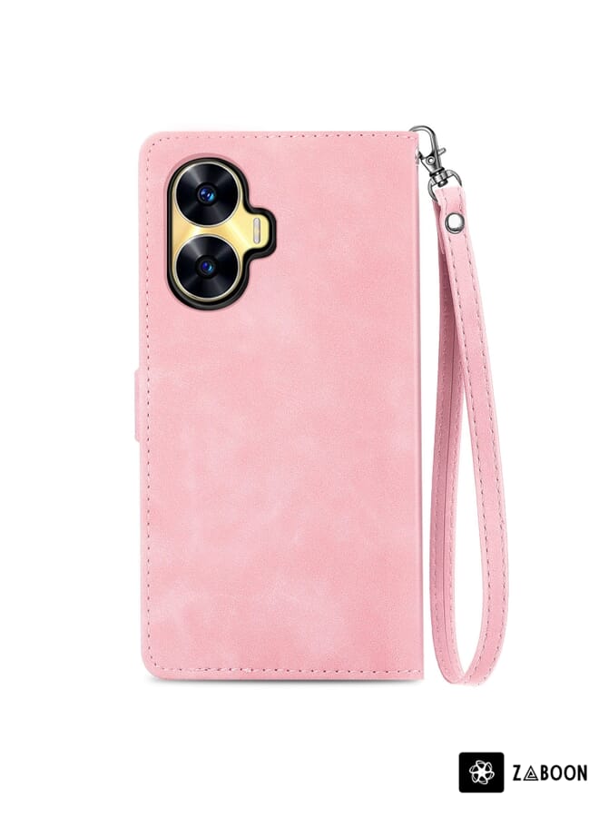 For Realme C55 Embossed Flower Zipper Leather Phone Case(Pink)