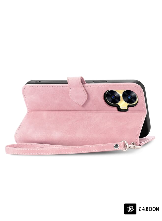 For Realme C55 Embossed Flower Zipper Leather Phone Case(Pink)