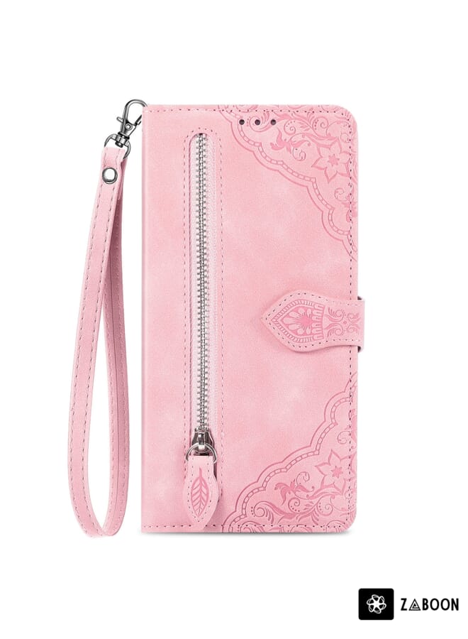 For Realme C55 Embossed Flower Zipper Leather Phone Case(Pink)