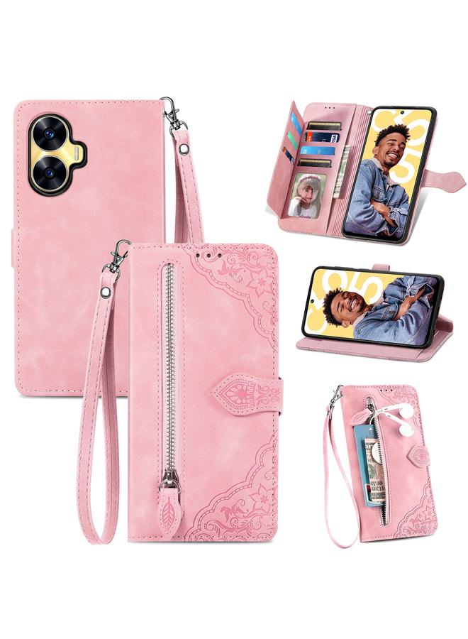 For Realme C55 Embossed Flower Zipper Leather Phone Case(Pink)