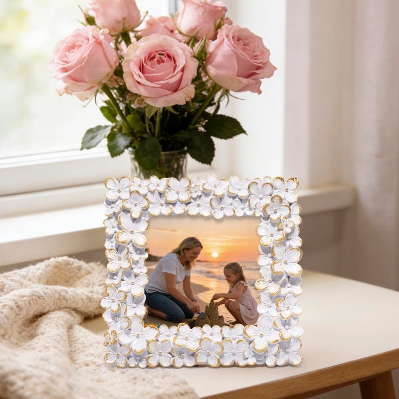 Hodao Floral Photo Frame â€” Resin Flower Picture Frame with Acrylic Cover, Heart Accent Tabletop Keepsake for Valentineâ€™s Day, Wedding & Home DÃ©cor (4Ã—4, White Gold) - Image 5