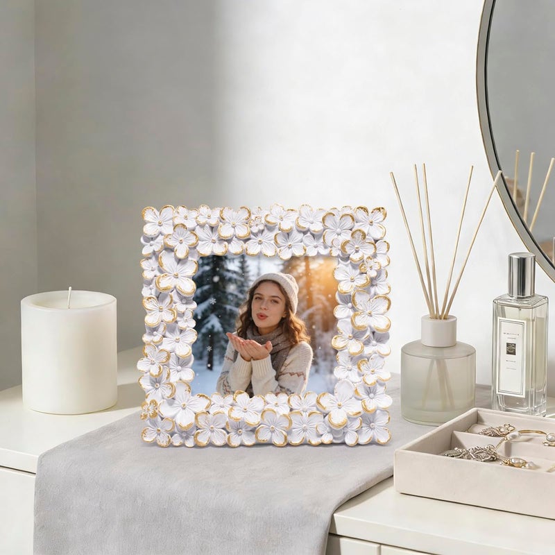 Hodao Floral Photo Frame â€” Resin Flower Picture Frame with Acrylic Cover, Heart Accent Tabletop Keepsake for Valentineâ€™s Day, Wedding & Home DÃ©cor (4Ã—4, White Gold) - Image 4