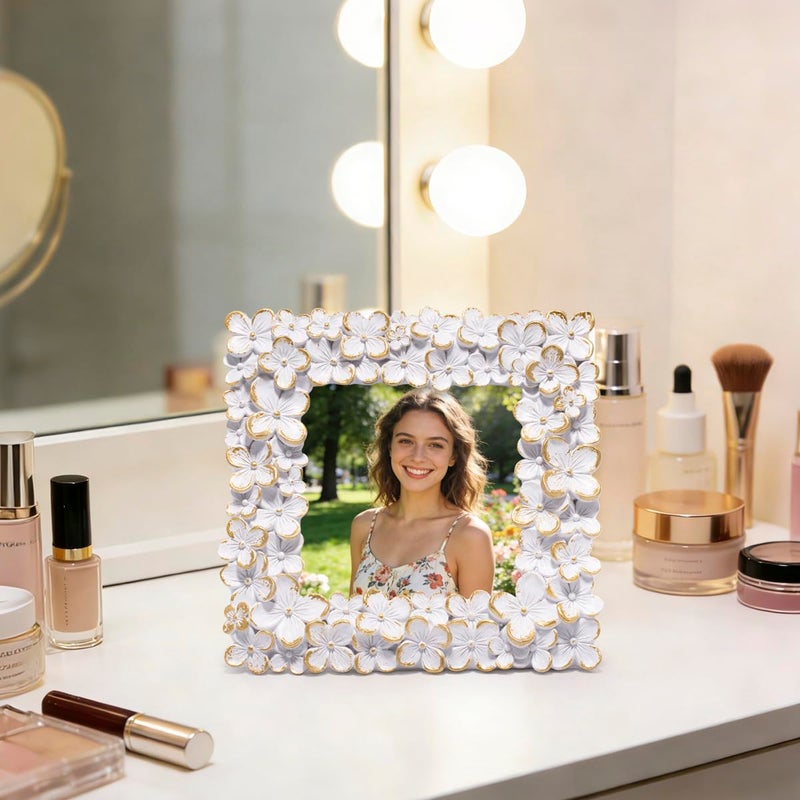 Hodao Floral Photo Frame â€” Resin Flower Picture Frame with Acrylic Cover, Heart Accent Tabletop Keepsake for Valentineâ€™s Day, Wedding & Home DÃ©cor (4Ã—4, White Gold) - Image 2