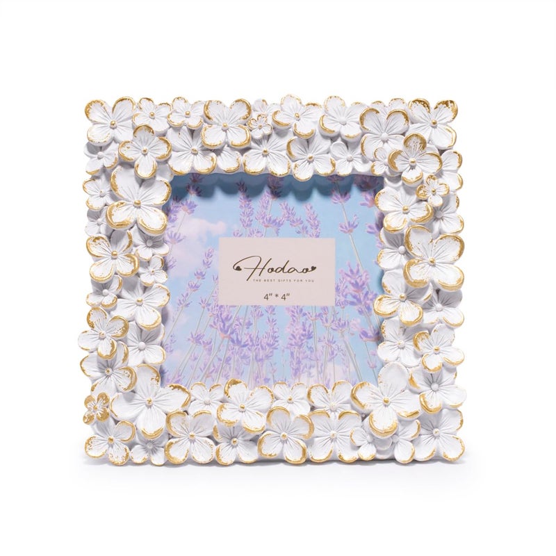 Hodao Floral Photo Frame â€” Resin Flower Picture Frame with Acrylic Cover, Heart Accent Tabletop Keepsake for Valentineâ€™s Day, Wedding & Home DÃ©cor (4Ã—4, White Gold) - Image 1