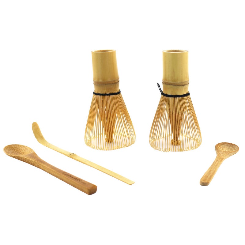 BambooMN Japanese Matcha Tea Whisk Set Two Bamboo Chasens Green Tea Whisk Small Scoop Chashaku for preparing Matcha Tea Spoon