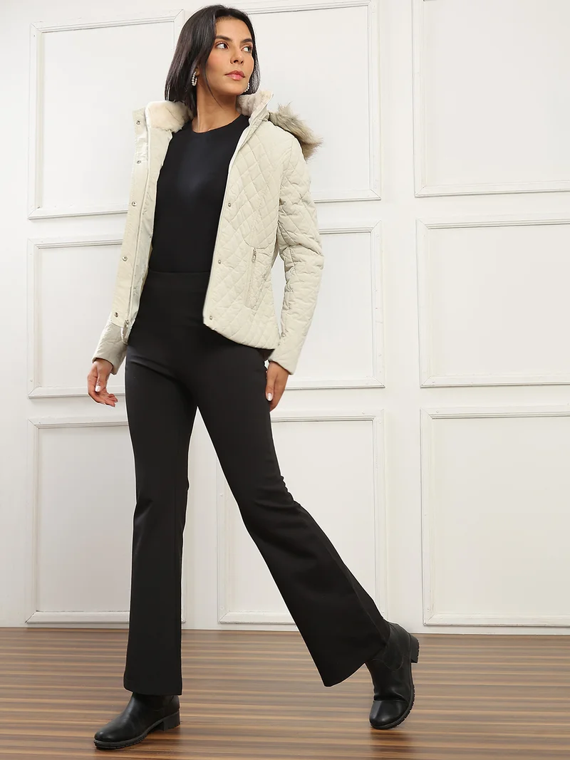 globus Globus Women Cream Mock Neck Winter Wear Insulator Puffer Jacket With Detachable Faux Fur Hood